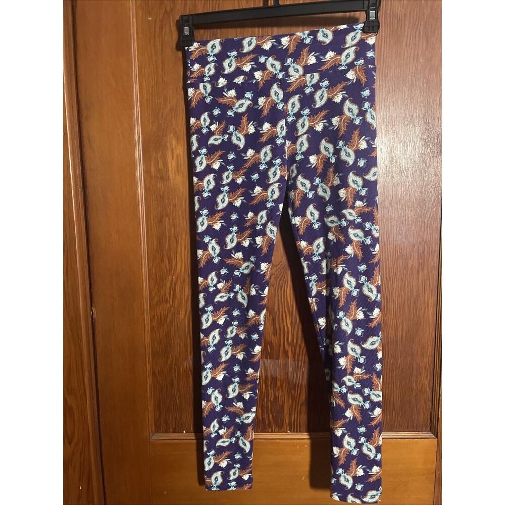 LuLaRoe OS Leggings Paisley Feather Leaf One Size Floral  Purple Blue